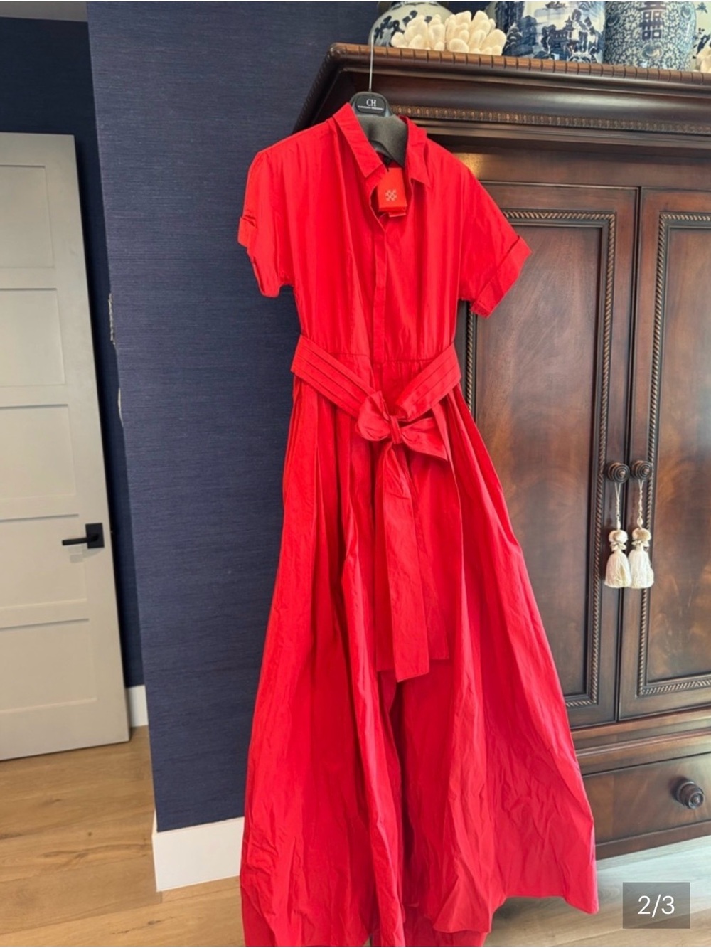 Carolina Herrera Red Satin Wrap Maxi Dress with Waist Bow